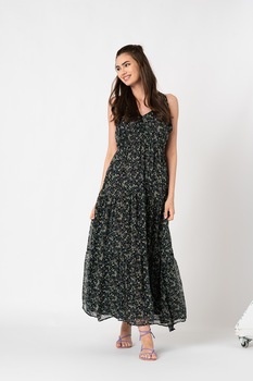 Pepe Jeans London, Rochie evazata cu model floral Olivia, Albastru inchis/Verde/Galben pal Pepe Jeans London, Rochie evazata cu model floral Olivia, Albastru inchis/Verde/Galben pal