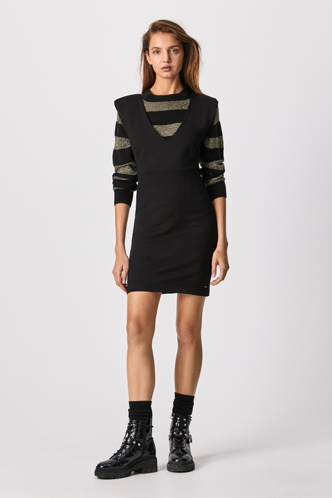 Pepe Jeans London, Rochie scurta cambrata cu decolteu in V, Negru