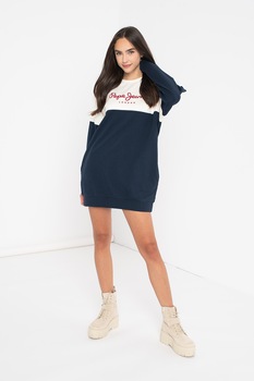 Pepe Jeans London, Rochie tip bluza sport cu imprimeu logo, Bleumarin/Alb Pepe Jeans London, Rochie tip bluza sport cu imprimeu logo, Bleumarin/Alb
