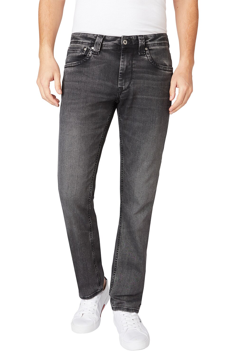 Pepe Jeans London, Blugi cu talie medie si detalii decolorate, Gri antracit/Gri deschis
