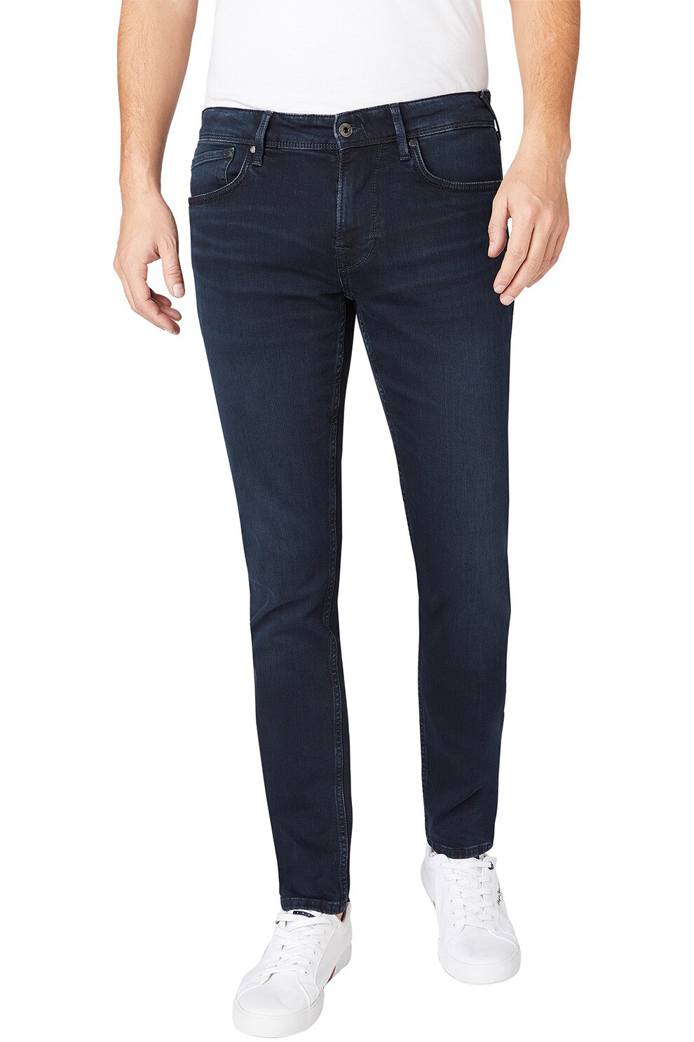 Pepe Jeans London, Blugi skinny cu detalii decolorate, Bleumarin inchis