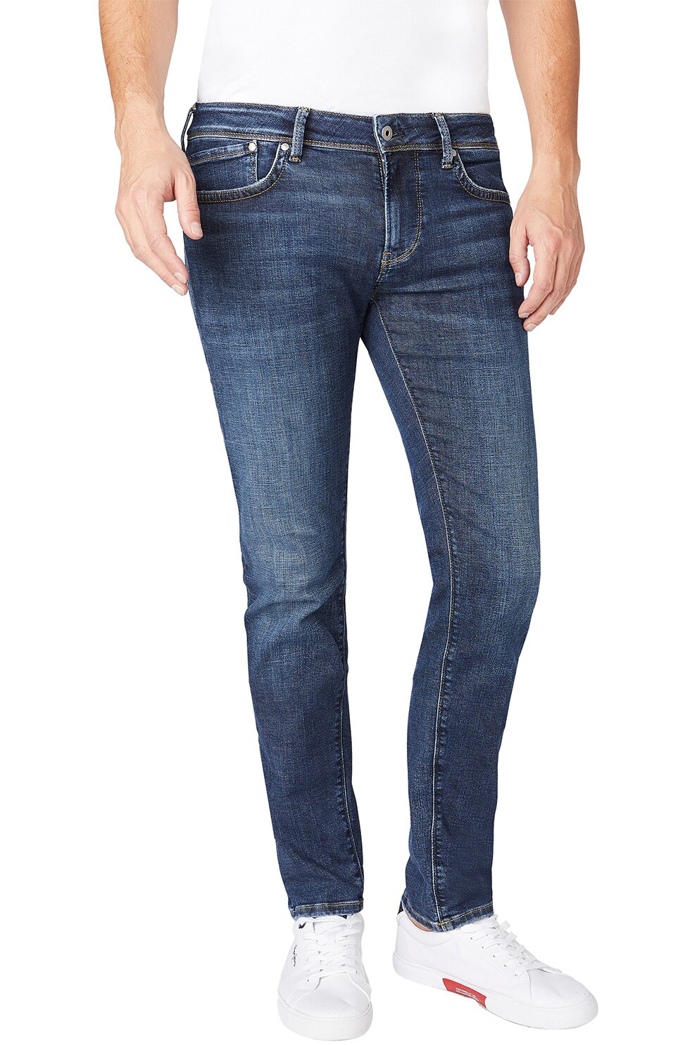 Pepe Jeans London, Blugi slim fit cu aspect decolorat, albastru inchis/alb
