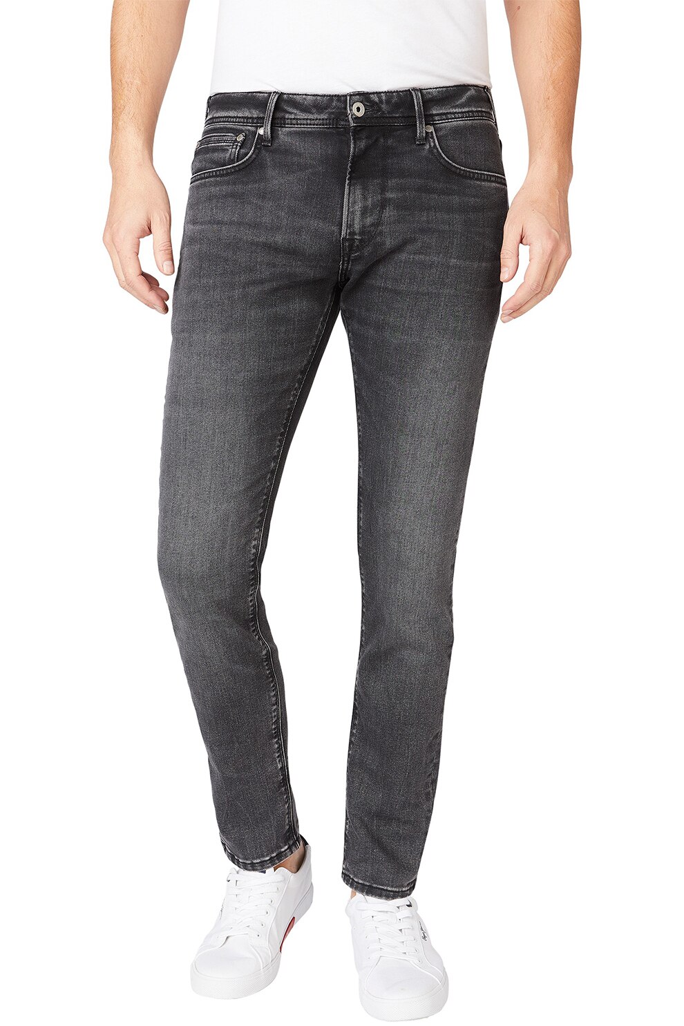 Pepe Jeans London, Blugi slim fit cu aspect decolorat, Gri antracit/Gri deschis