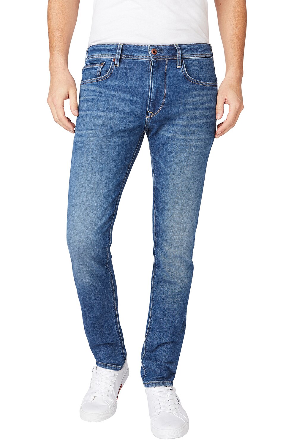 Pepe Jeans London, Blugi slim fit cu aspect decolorat, Bleu/Alb
