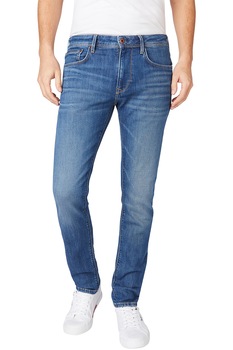 Pepe Jeans London, Blugi slim fit cu aspect decolorat, Bleu/Alb Pepe Jeans London, Blugi slim fit cu aspect decolorat, Bleu/Alb