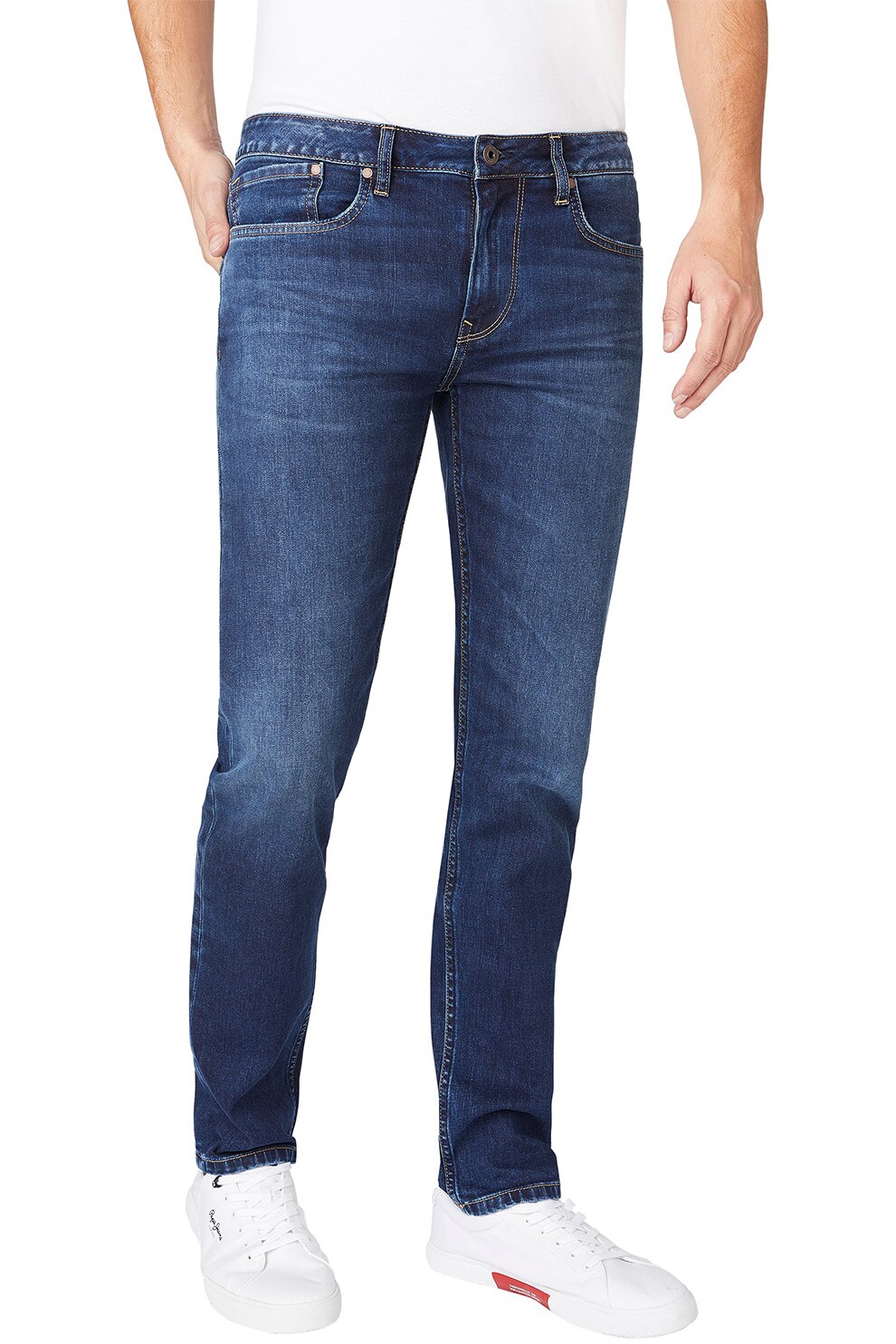 Pepe Jeans London, Blugi slim fit cu talie joasa Hatch, Bleumarin/Alb