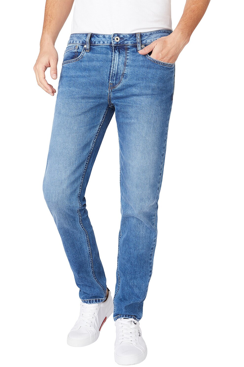 Pepe Jeans London, Blugi slim fit cu aspect decolorat Hatch, Albastru lavanda/Alb