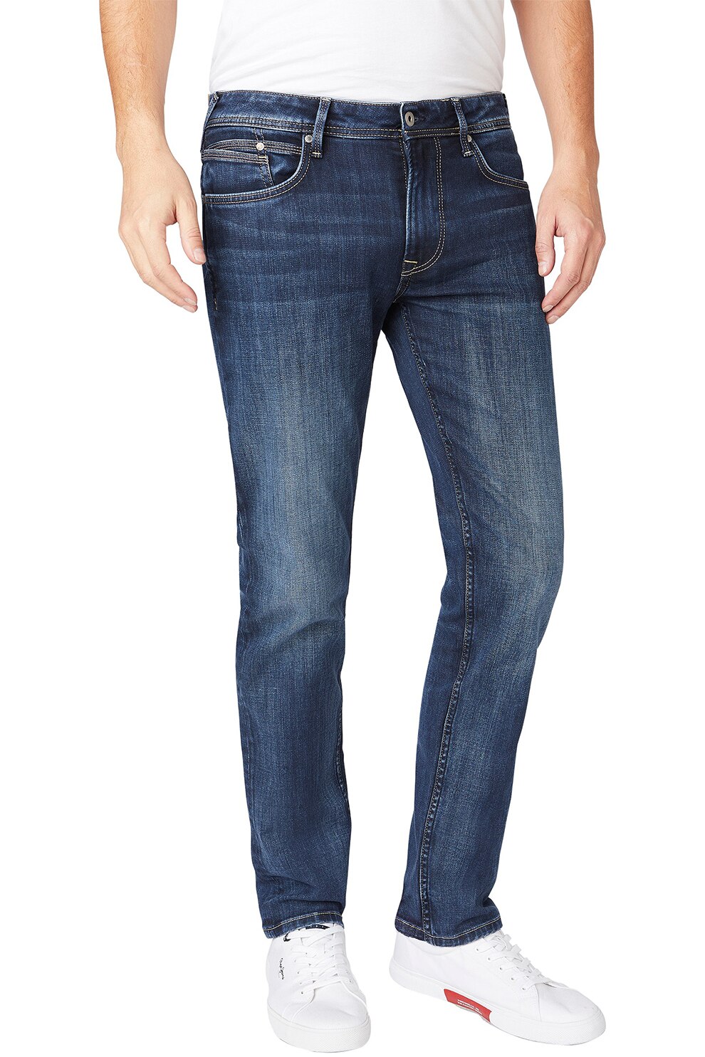 Pepe Jeans London, Blugi cu talie medie si aspect decolorat, Bleumarin inchis/Alb prafuit