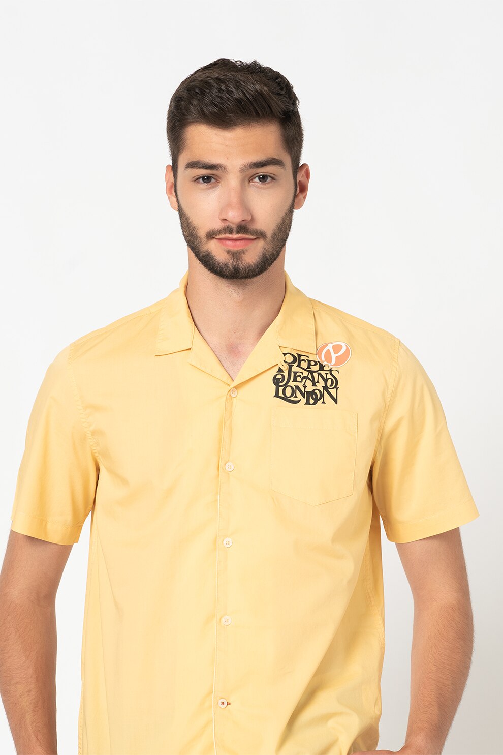 Pepe Jeans London, Camasa cu maneci scurte si buzunar pe piept Andy, Galben pal/Negru/Oranj
