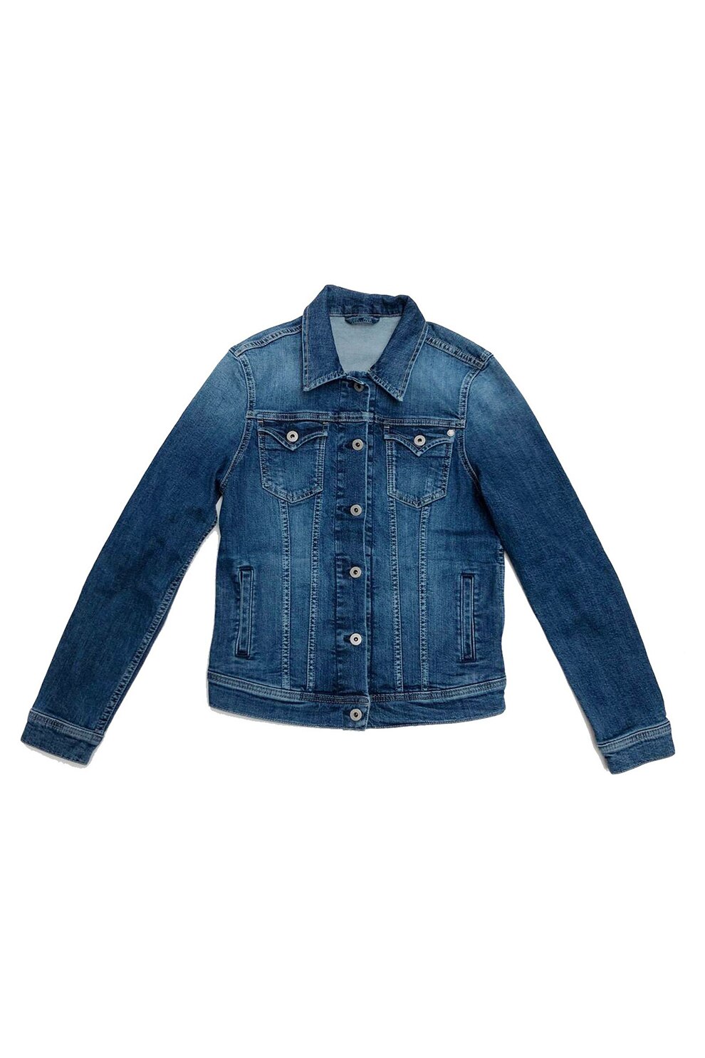 Pepe Jeans London, Jacheta de denim cu buzunare cu clapa, Albastru inchis/Alb prafuit