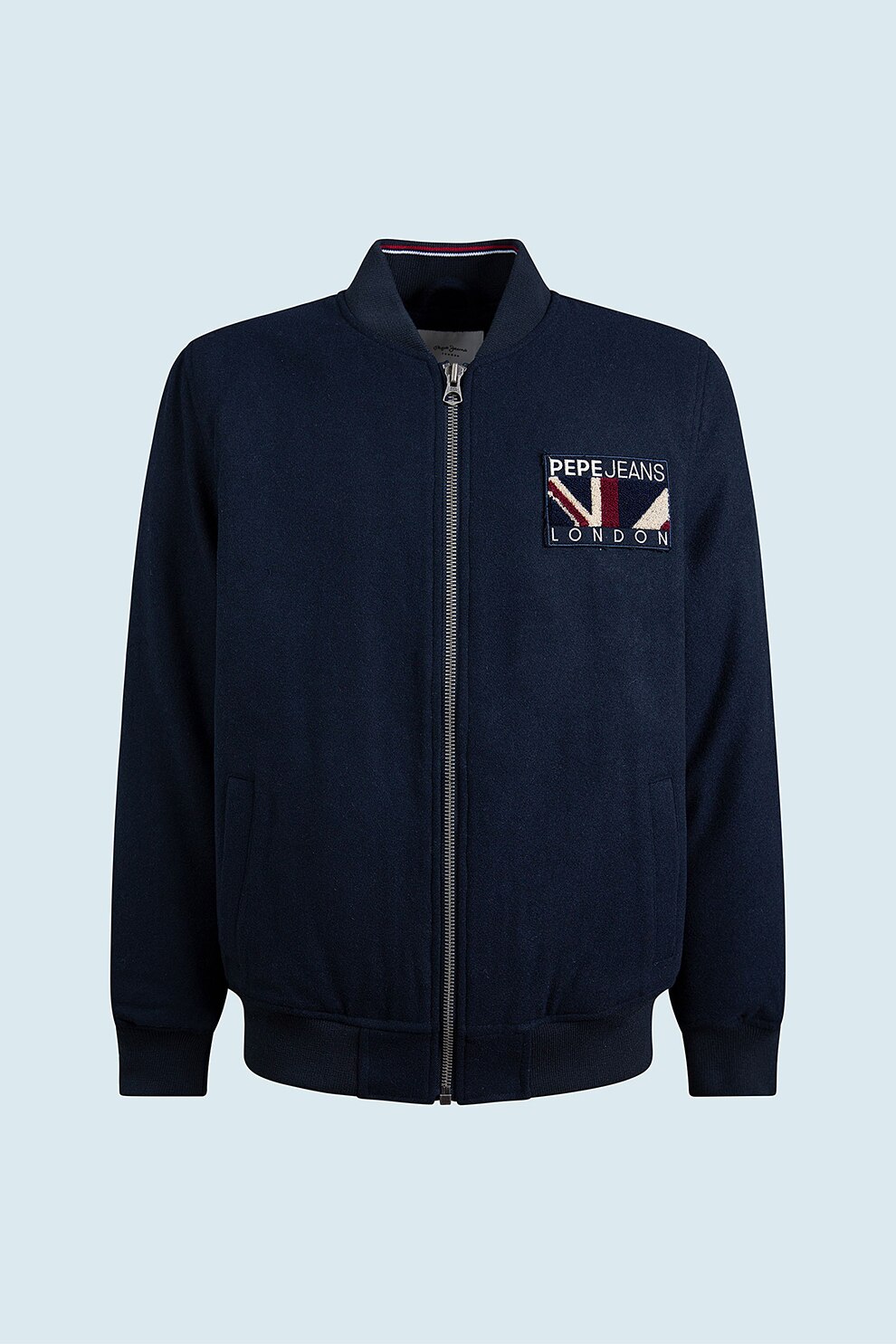 Pepe Jeans London, Jacheta bomber din amestec de lana, Bleumarin/Crem/Rosu inchis