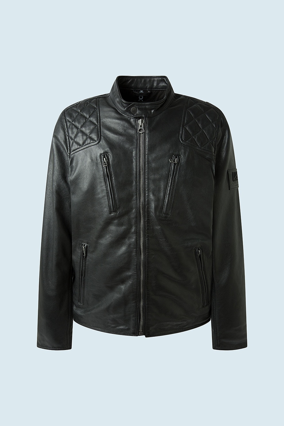 Pepe Jeans London, Jacheta de piele cu guler scurt si bzunare cu fermoar, Negru, L