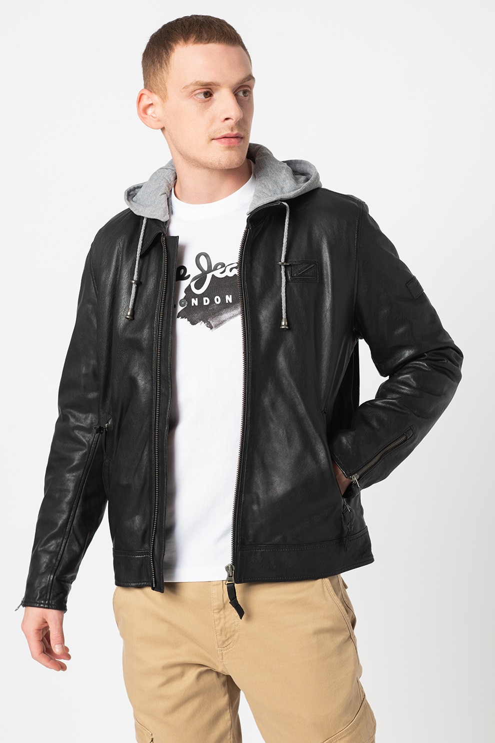 Pepe Jeans London, Jacheta de piele cu gluga detasabila Philip, Negru/Gri melange, S