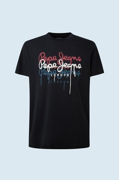 Pepe Jeans London, Tricou de bumbac cu imprimeu logo Moe, Negru/Alb/Rosu, XL Pepe Jeans London, Tricou de bumbac cu imprimeu logo Moe, Negru/Alb/Rosu, XL