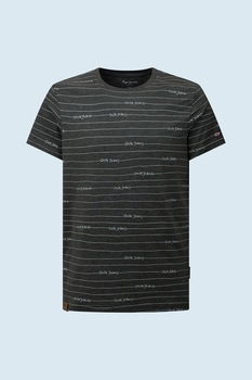 Pepe Jeans London, Tricou cu decolteu la baza gatului si imprimeu Kif, Gri inchis melange/Alb, S Pepe Jeans London, Tricou cu decolteu la baza gatului si imprimeu Kif, Gri inchis melange/Alb, S