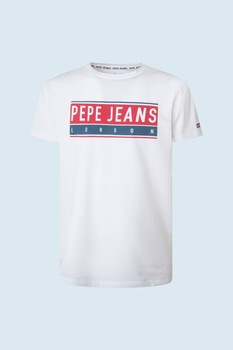 Pepe Jeans London, Tricou cu decolteu la baza gatului si imprimeu Jayo, Alb optic/Rosu/ALbastru inchis, XL Pepe Jeans London, Tricou cu decolteu la baza gatului si imprimeu Jayo, Alb optic/Rosu/ALbastru inchis, XL