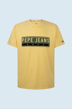 Pepe Jeans London, Tricou cu decolteu la baza gatului si imprimeu Jayo, Galben/Negru, XL Pepe Jeans London, Tricou cu decolteu la baza gatului si imprimeu Jayo, Galben/Negru, XL