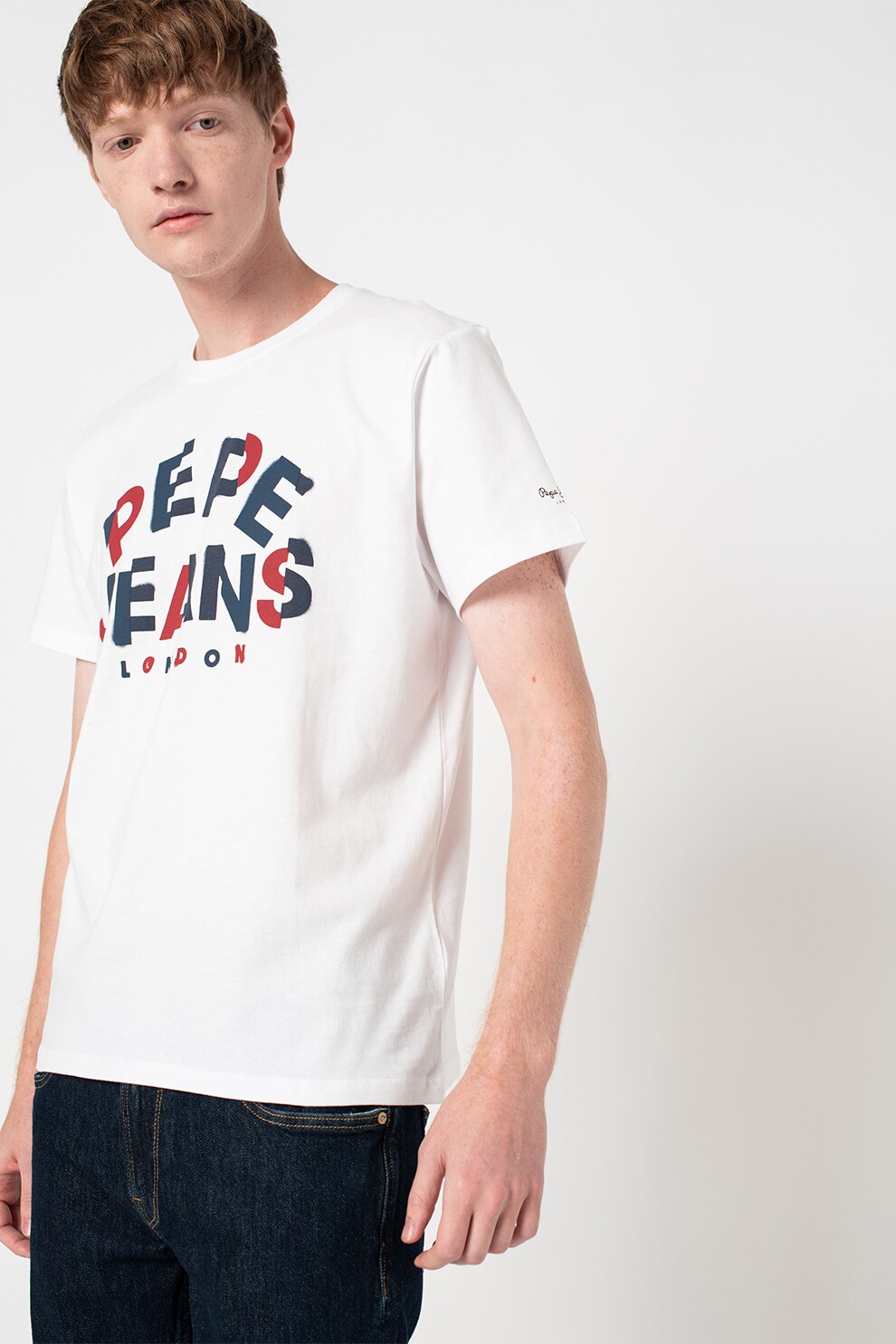 Pepe Jeans London, Tricou cu imprimeu logo Raphael, Alb/Bleumarin
