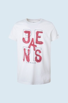 Pepe Jeans London, Tricou de bumbac cu logo, Alb/Corai Pepe Jeans London, Tricou de bumbac cu logo, Alb/Corai