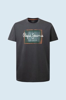 Pepe Jeans London, Tricou regular fit cu imprimeu logo, Gri antracit