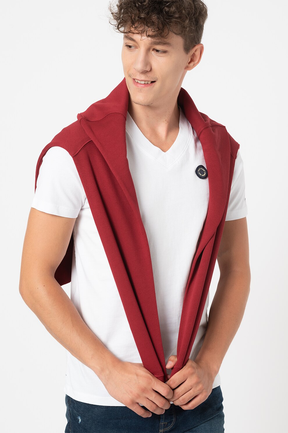 Pepe Jeans London, Tricou slim fit cu decolteu in V Wilfrid, Alb