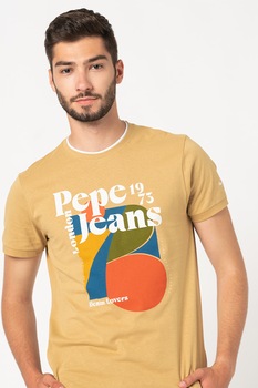 Pepe Jeans London, Tricou de bumbac cu logo si imprimeu grafic Milly, Bej/Alb/Rosu Pepe Jeans London, Tricou de bumbac cu logo si imprimeu grafic Milly, Bej/Alb/Rosu