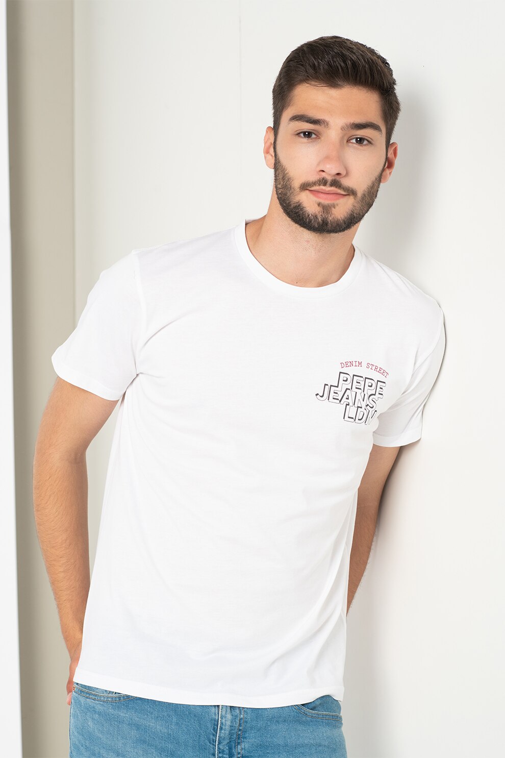 Pepe Jeans London, Tricou de bumbac cu imprimeu logo Damian, Alb/Gri