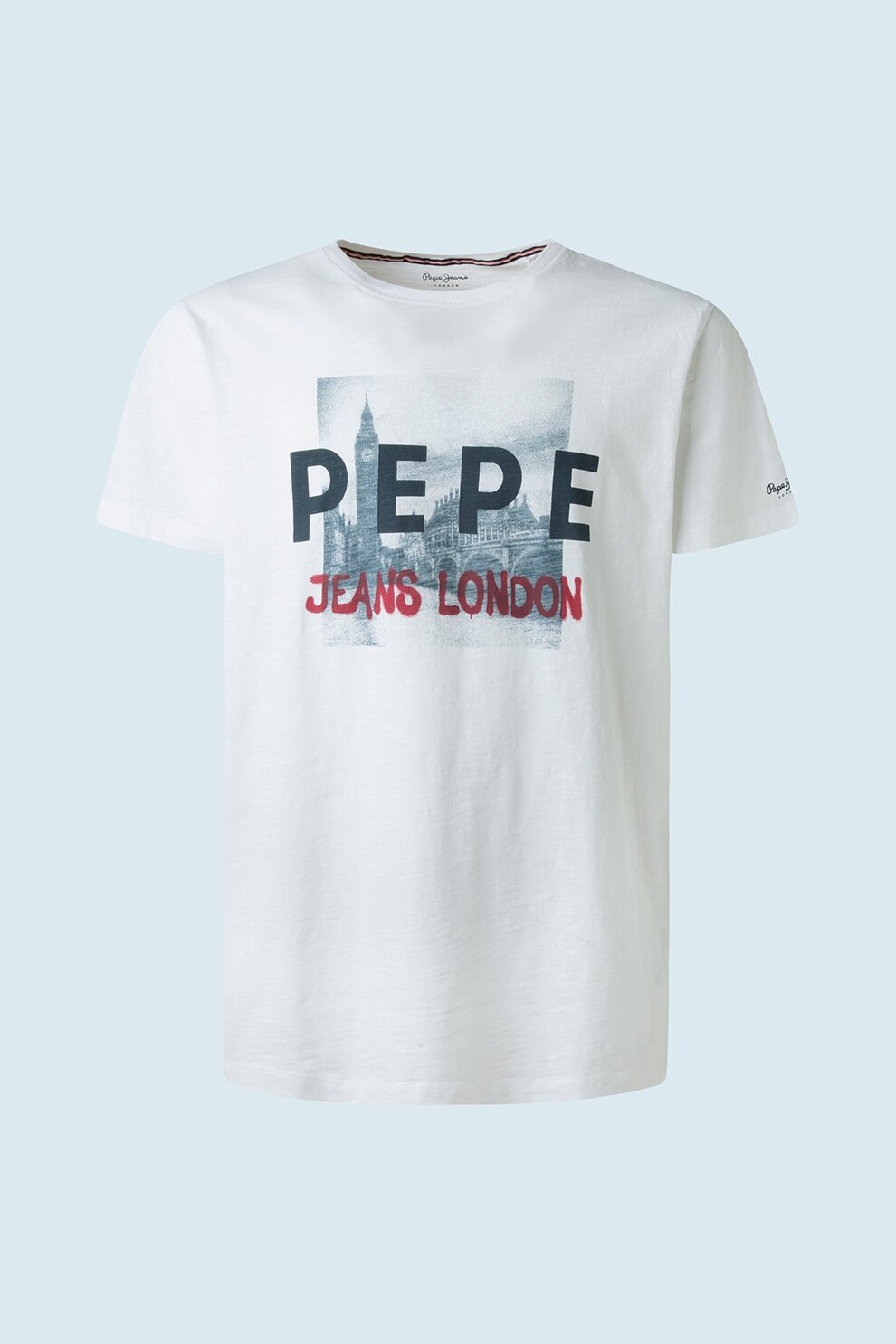 Pepe Jeans London, Tricou cu decolteu la baza gatului si imprimeu, Alb optic/albastru inchis