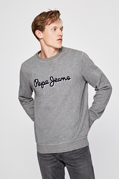 Pepe Jeans London, Bluza sport cu logo din material terry Lamont, Gri melange/Negru Pepe Jeans London, Bluza sport cu logo din material terry Lamont, Gri melange/Negru