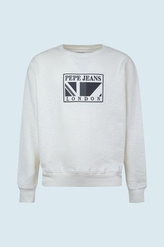 Pepe Jeans London, Bluza sport cu decolteu la baza gatului si logo, Alb optic/Negru Pepe Jeans London, Bluza sport cu decolteu la baza gatului si logo, Alb optic/Negru