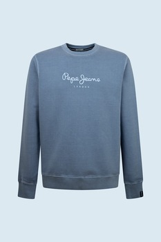 Pepe Jeans London, Bluza cu decolteu la baza gatului de bumbac, cu logo, Albastru prafuit/Alb Pepe Jeans London, Bluza cu decolteu la baza gatului de bumbac, cu logo, Albastru prafuit/Alb