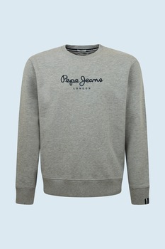 Pepe Jeans London, Bluza cu decolteu la baza gatului de bumbac, cu logo, Gri melange/Negru Pepe Jeans London, Bluza cu decolteu la baza gatului de bumbac, cu logo, Gri melange/Negru