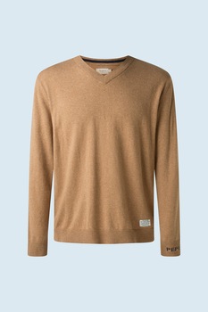 Pepe Jeans London, Pulover tricotat fin cu logo si decolteu in V, Cafeniu Pepe Jeans London, Pulover tricotat fin cu logo si decolteu in V, Cafeniu