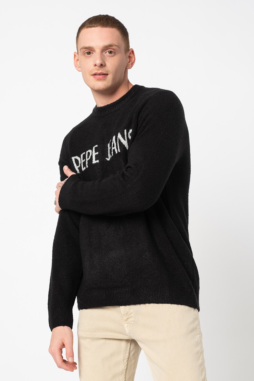 Pepe Jeans London, Pulover cu decolteu la baza gatului si model logo Mathias, Negru/Alb