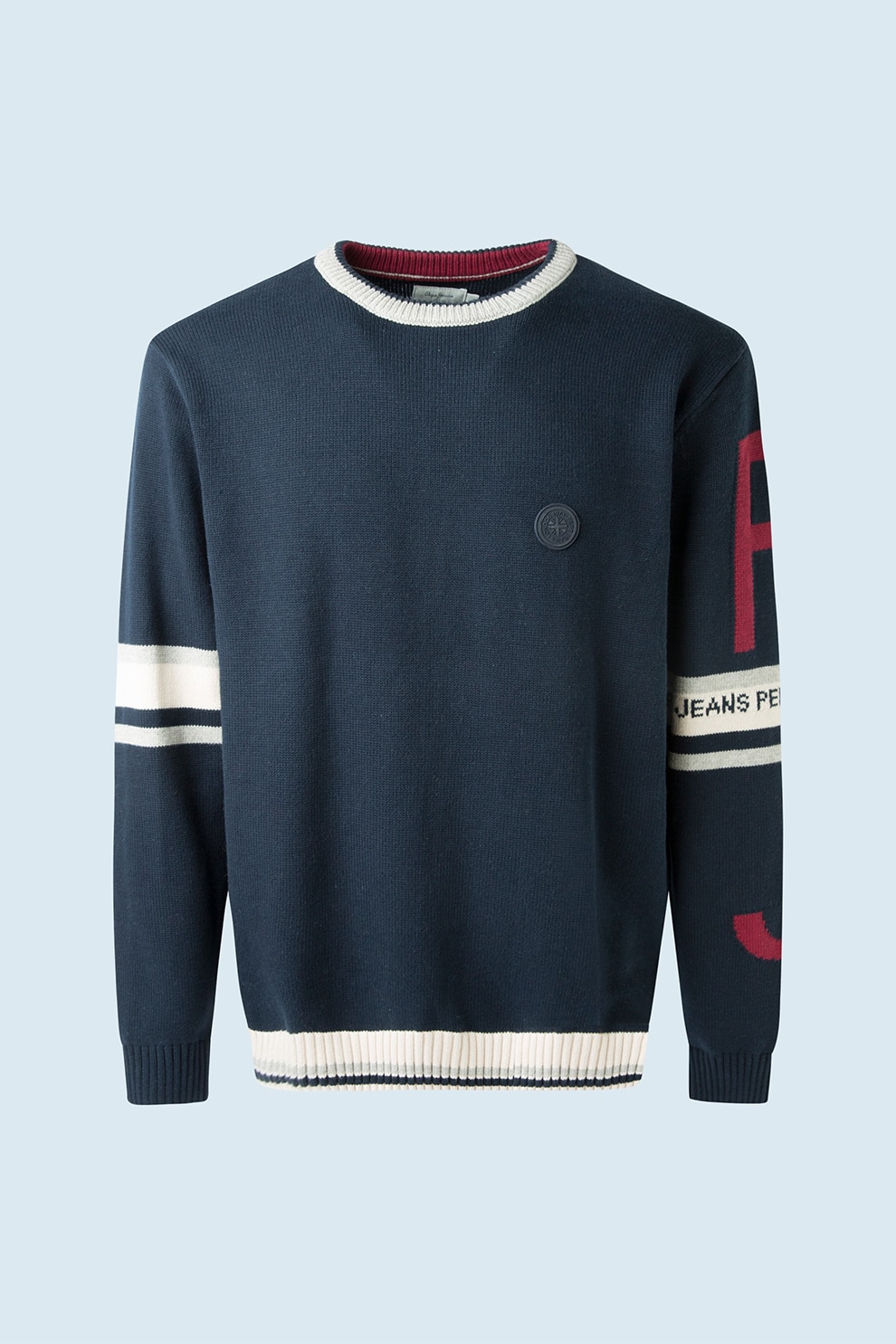 Pepe Jeans London, Pulover tricotat fin cu logo, Bleumarin/Alb/Rosu inchis, S