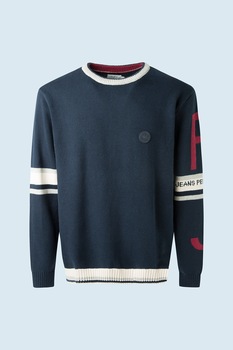Pepe Jeans London, Pulover tricotat fin cu logo, Bleumarin/Alb/Rosu inchis, S Pepe Jeans London, Pulover tricotat fin cu logo, Bleumarin/Alb/Rosu inchis, S