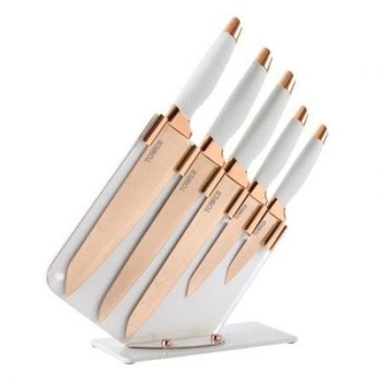 Set 5 cutite cu lama din otel inoxidabil si suport Tower T81532RW, culoare rose gold si maner alb cu detalii in relief Set 5 cutite cu lama din otel inoxidabil si suport Tower T81532RW, culoare rose gold si maner alb cu detalii in relief