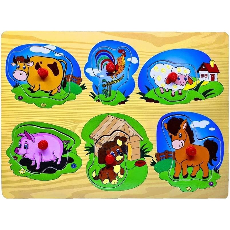 Puzzle din lemn cu maner, tablita incastru, 6 piese, animale domestice, vaca , cocos, oaie, porc, catel, cal