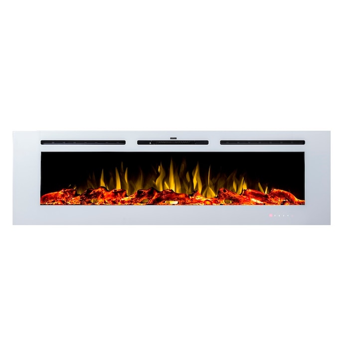 Semineu electric, Masomi, Adeli White-60' 1600 W, Alb, 152*54*14 cm, Iluminare LED, Telecomanda, 3 culori ale flacarii, Luminozitate reglabila