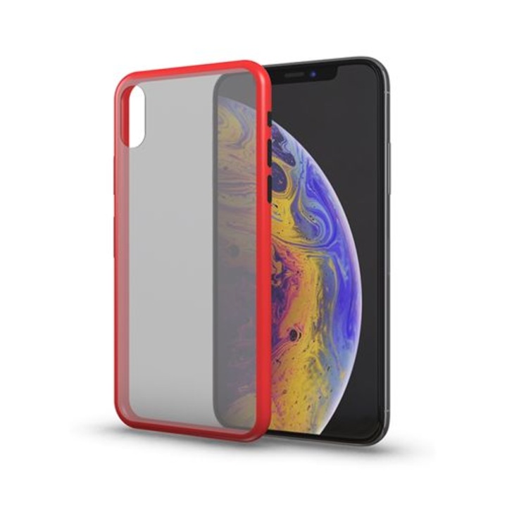 Xiaomi Redmi 9A / 9AT - áttetsző fekete műanyag hátlaptok, piros matt szilikon kerettel