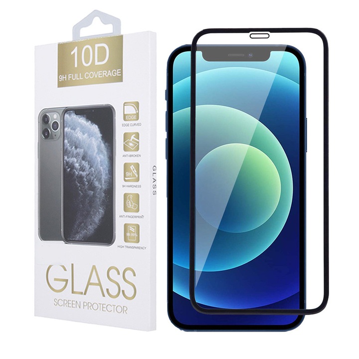 iPhone 12 Pro Max kompatibilis üvegfólia, előlapi, 10D, edzett, hajlított, fekete kerettel