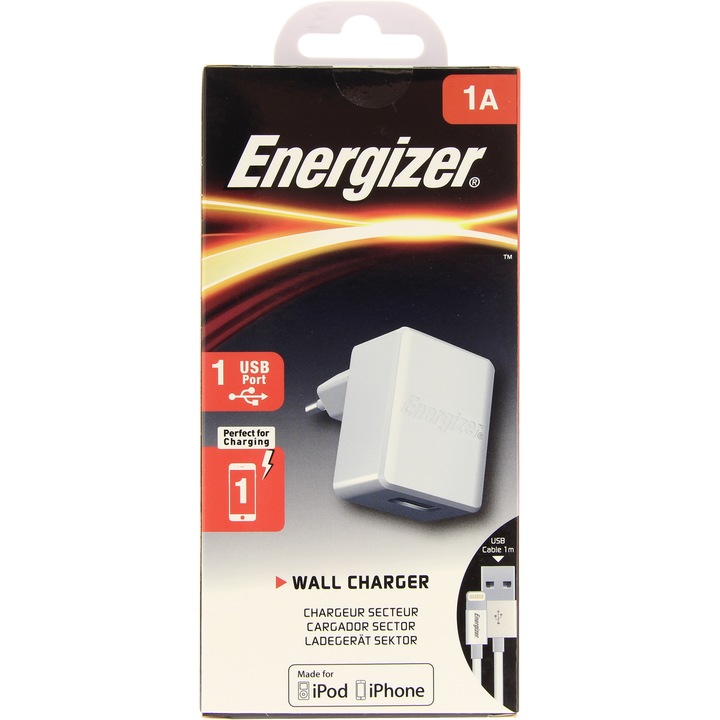 Мрежово зарядно устройство Energizer с кабел Lightning, 1A, USB, Бяло