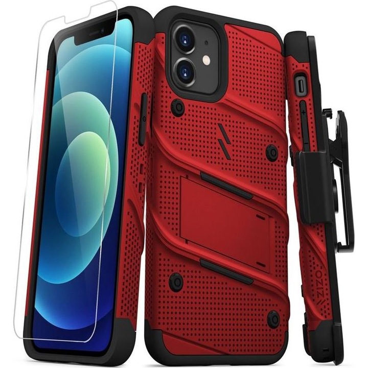Zizo Bolt borító telefontok iPhone 12 / iPhone 12 Pro készülékekhez, katonai tanúsítvánnyal, védővel és állvánnyal, piros/fekete