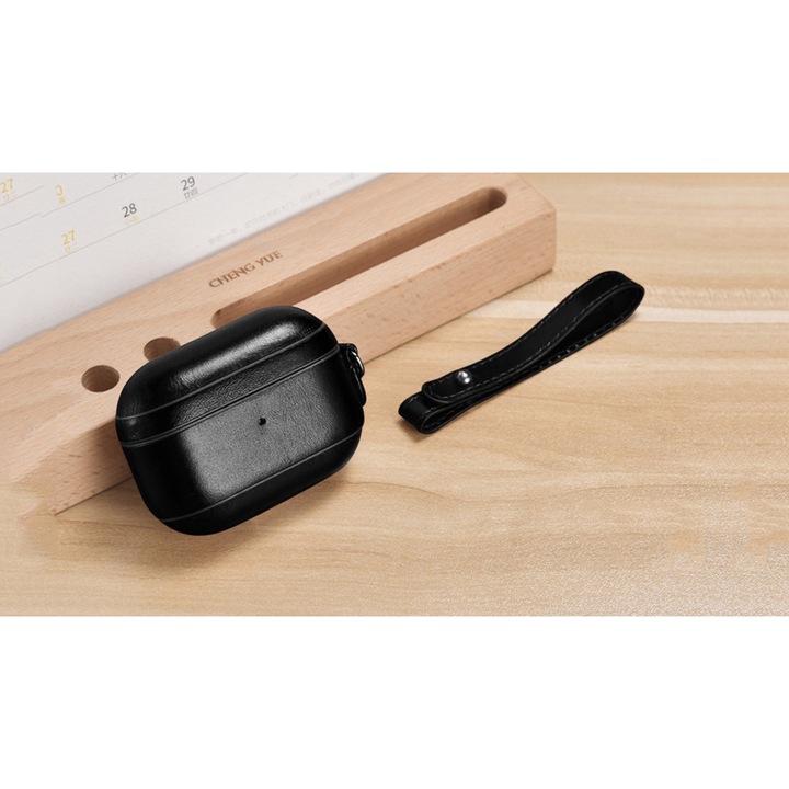AirPods Pro, Borító / tok természetes bőrből, mikroszálas belső tér, LED kijelző kivágás, levehető heveder, iCarer Vintage, Fekete