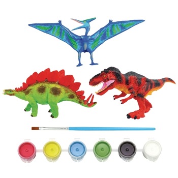 Figurine de 3 dinozauri pentru pictat Imaginarium Koloro Jurassic, cu T-rex, Pterodactyl si Stegosaurus, 6 culori si 2 pensule Figurine de 3 dinozauri pentru pictat Imaginarium Koloro Jurassic, cu T-rex, Pterodactyl si Stegosaurus, 6 culori si 2 pensule