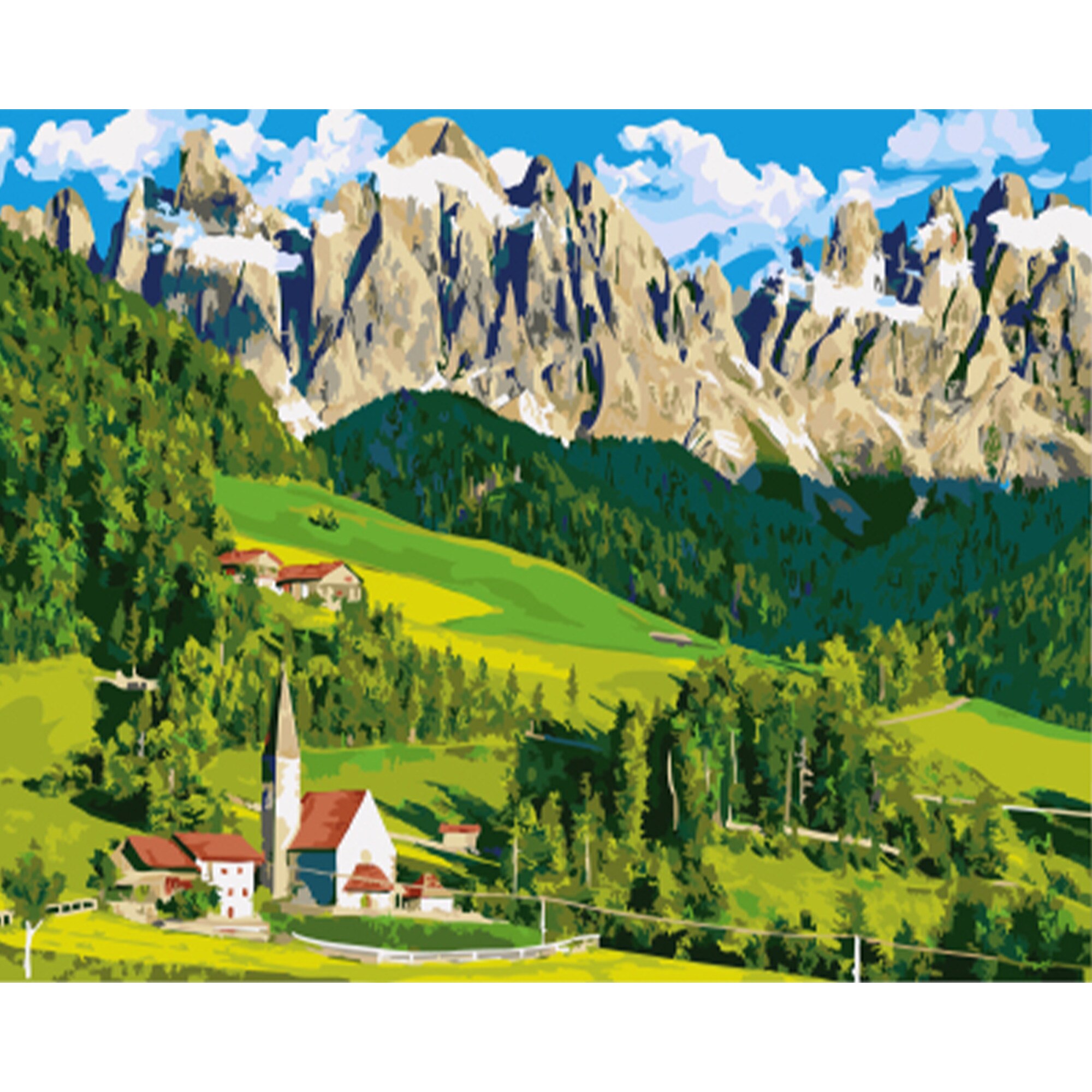 Set picturi pe numere, Acuarello, House in the Alps, 40x50cm, culori acrilice, pensule, panza incadrata pe o rama de lemn