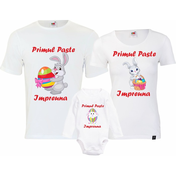 Set 3 tricouri personalizate pentru Paste"Primul Paste impreuna''alb, M, bumbac