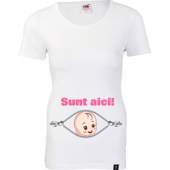 Tricou personalizat gravide ''Sunt aici! Si sunt fetita!'',alb,marimea L, bumbac Tricou personalizat gravide ''Sunt aici! Si sunt fetita!'',alb,marimea L, bumbac
