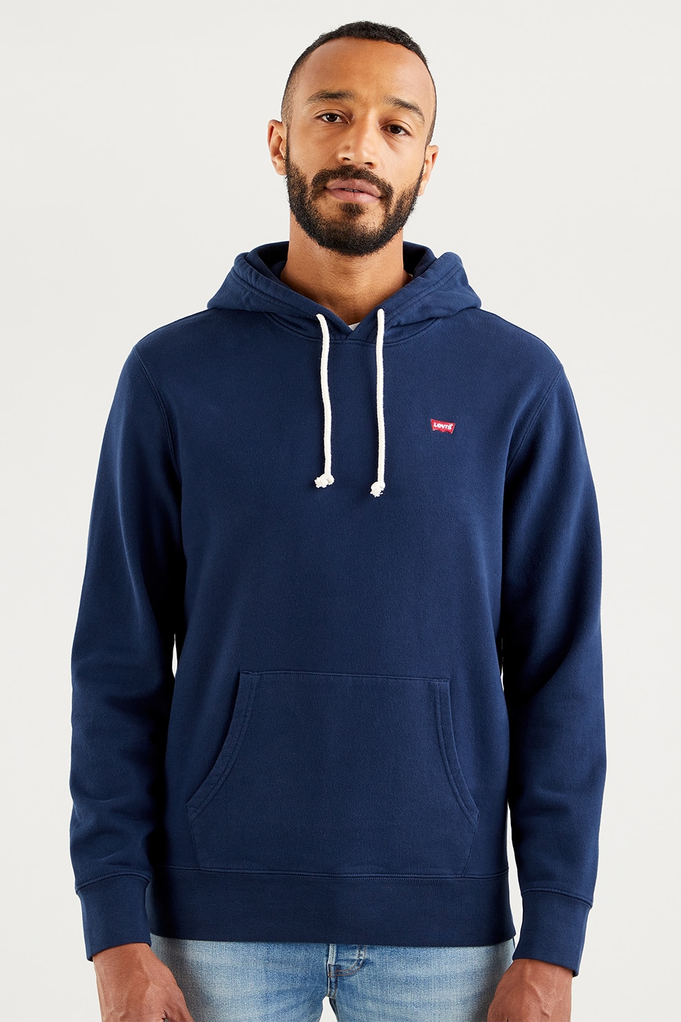 Levi's, Hanorac cu maneci cazute si buzunar kangaroo, albastru inchis/alb