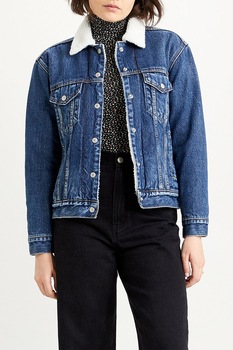 Levi's, Jacheta trucker de denim cu blana sherpa si buzunare pe piept, Albastru/Alb Levi's, Jacheta trucker de denim cu blana sherpa si buzunare pe piept, Albastru/Alb